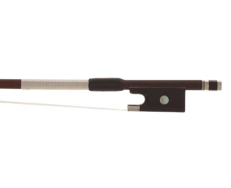 Good French Maillechort mounted violin bow by Louis Bazin circa 1930, the stick round, the ebony frog inlaid with pearl eyes 