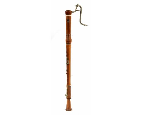 Baroque style bass recorder by Moeck, Celle, circa 1970, with three nickel keys, nickel crook 