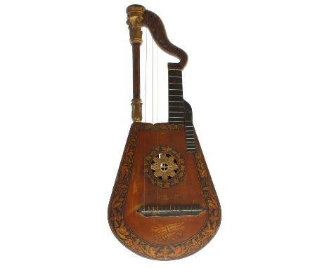 Good antique harp lute in the manner of Edward Light, the seven sided segmented maple back banded with gilding, the spruce ta