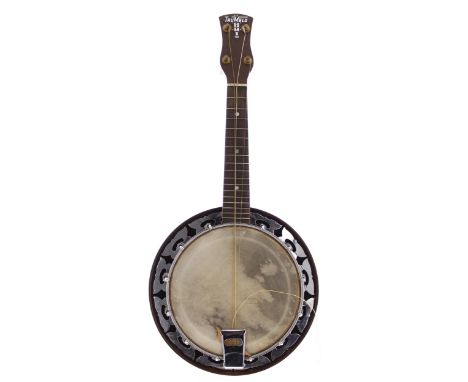 Trumelo BMI banjolele, with sunburst resonator cover, 7.75" skin, ser. no. 3013, case 