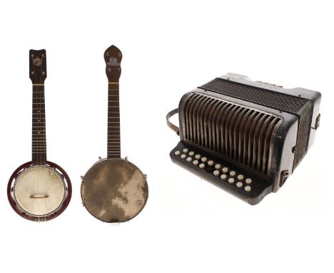 Keech Banjulele banjo stamped with the Pat no. 219720/23 on the headstock and no. A11790 on the heel, case; also a George For