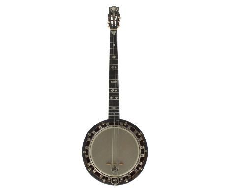 The Cammeyer Vibrante five string banjo, with satinwood and burr wood banded resonator, fine geometric foliate engraved mothe