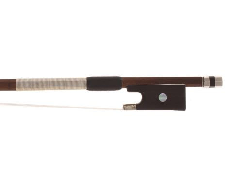 Silver mounted violin bow, unstamped, the stick round, the ebony frog inlaid with pearl eyes and the ebony adjuster with two 