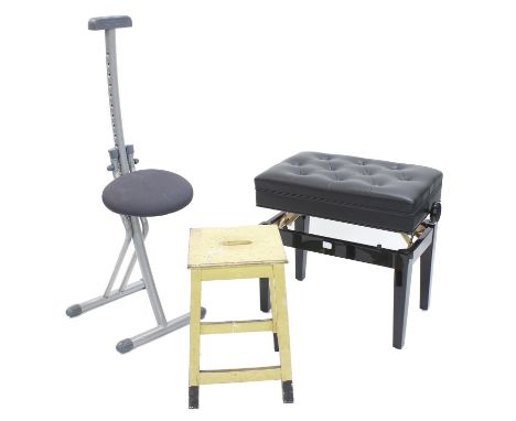 Good contemporary adjustable folding piano stool, with button-back black leather seat, 25" wide overall; also an adjustable c