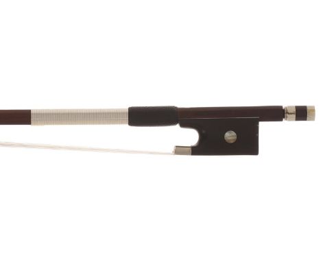 German nickel mounted violin bow by and stamped A.R. Weichold, Dresden 2, the stick octagonal, the ebony frog inlaid with pea