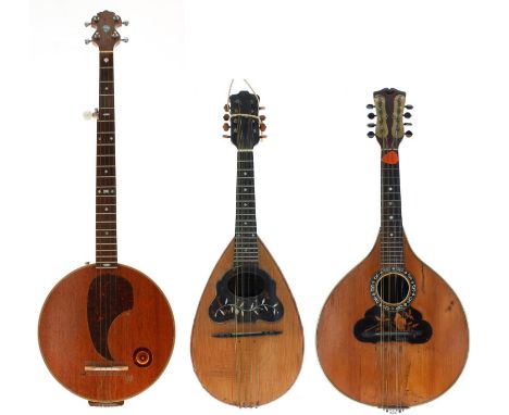 Old flatback pear shaped mandolin in need of restoration, unlabelled; also a Neapolitan mandolin labelled Gennaro Maglioni...