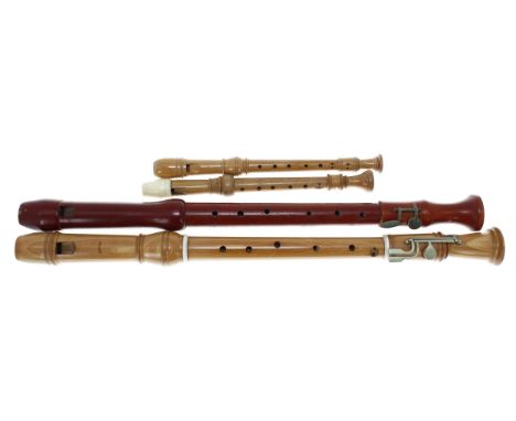 Baroque style tenor recorder by Moeck, Celle, circa 1970, with two nickel-silver keys for C and C#, in box; also two descant 