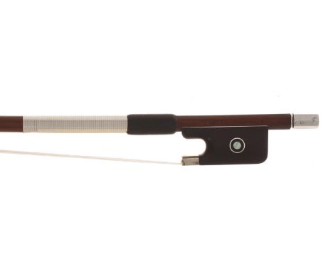 Good silver mounted violin bow stamped A. Husson-Paris, the stick round, the ebony frog inlaid with silver rings enclosing pe