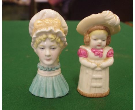 Two Royal Worcester candle snuffers Mop Cap & Feathered Cap, 8.5cm high (tallest) approx