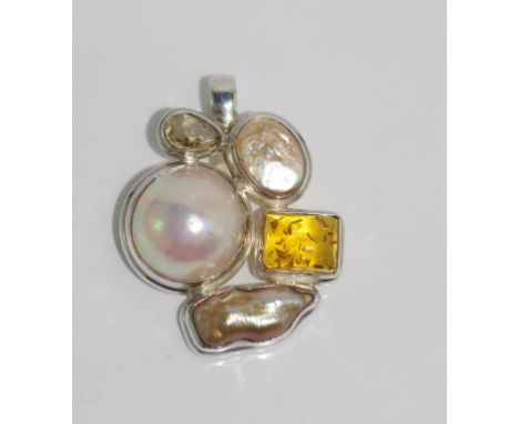 Large silver, pearl and amber pendant