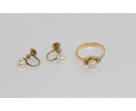 18ct pearl earrings earrings with screw fittings, weight: approx 2.47 grams, together with a metal and pearl ring, size: S/9