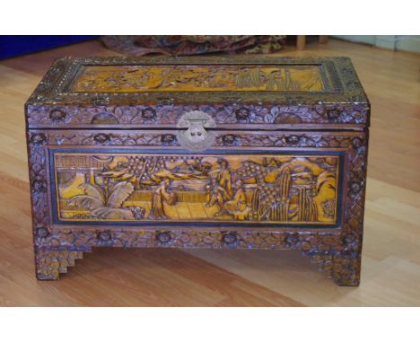 Chinese carved camphorwood trunk 100cm wide