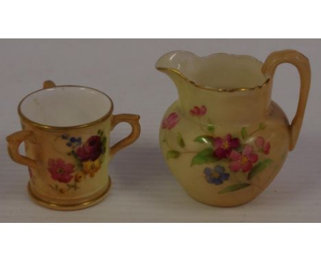 Royal Worcester miniature loving cup and jug pattern: blush ivory with floral decoration, H5.5cm approx (tallest)