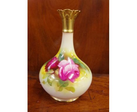 Royal Worcester handpainted vase rose & gilt decoration, signed M. Hunt, 13.5cm high approx.