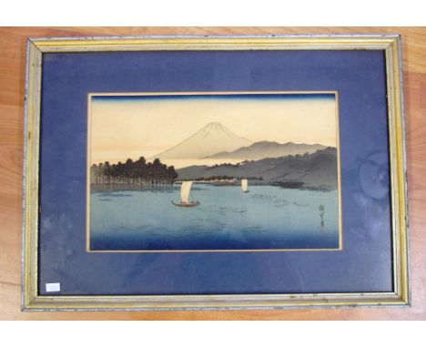Japanese Hiroshige woodblock print mountain to ocean scene, marks to lower right, 22 x 35 cm approx