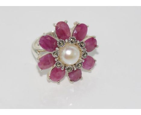 Silver, ruby and pearl ring size: L-M/6