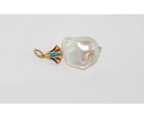 Baroque pearl pendant on 18ct gold bale with enamel decorated