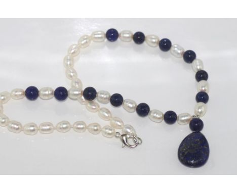 Necklace of pearl and lapis