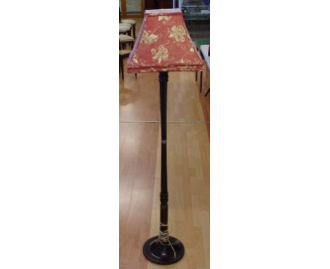Art deco bakelite electric standard lamp base with a floral upholstered shade, H159cm approx