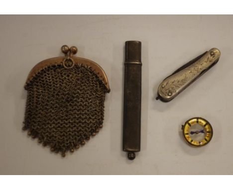 Sterling silver pencil, silver cased pen knife plus a miniature mesh purse and a compass