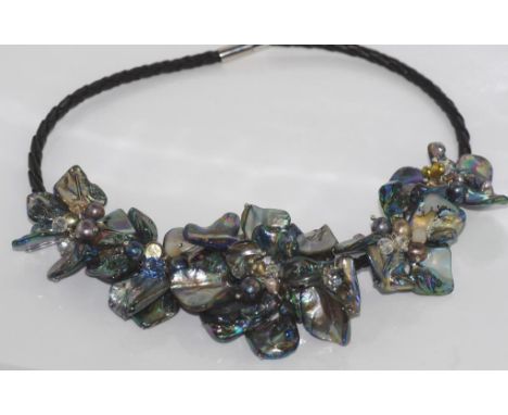 Unusual paua shell and pearl flower necklace