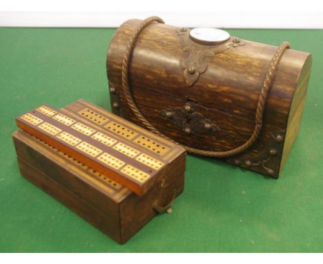 Vintage domed timber trinket box with metal strapping & blue & white plaque, 19cm long approx., together with 2 timber playin