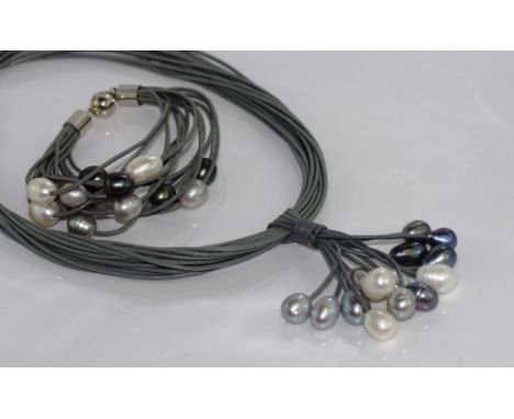Leather and pearl necklace & bracelet set