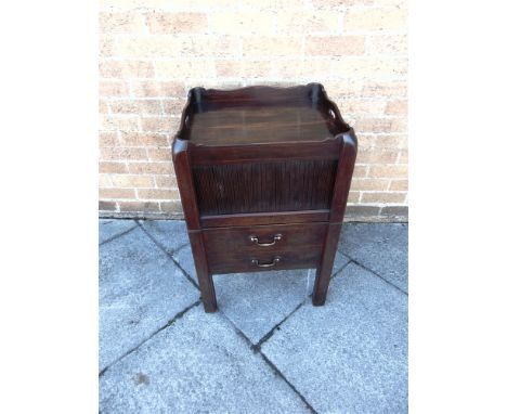 A GEORGE III MAHOGANY TRAY-TOP COMMODE  with tambour front above two faux drawers, 50cm wide 44cm deep 76cm high