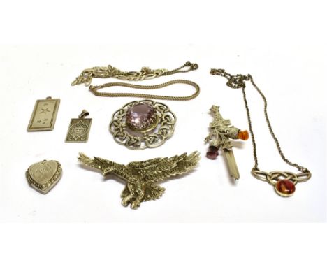 A COLLECTION OF SILVER AND WHITE METAL JEWELLERY INCLUDING A PALE AMETHYST AND CELTIC-KNOT SHAPED-ROUND BROOCH by Hamish Daws