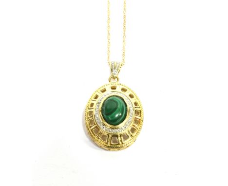 A MODERN 9CT GOLD, MALACHITE AND TINY DIAMOND OVAL CLUSTER PENDANT AND CHAIN the oval cabochon malachite within a tiny eight-