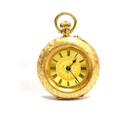 AN EARLY 20TH CENTURY SWISS 14K OPEN FACE KEYLESS FOB WATCH  the part-foliate engraved golden dial with black Roman numerals 