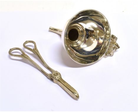 A MODERN SILVER WINE FUNNEL AND A GRAPE SCISSORS The wine funnel in one piece with a flat handle in the form of a fruiting vi