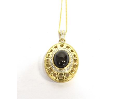 A MODERN 9CT GOLD, BLACK-ONYX AND TINY DIAMOND OVAL CLUSTER PENDANT AND CHAIN the oval cabochon black-onyx within a tiny eigh