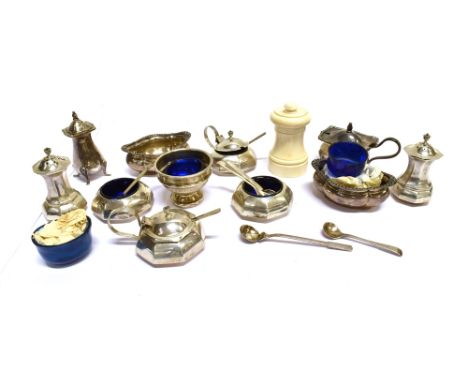 AN INDIAN SIX PIECE CRUET SET AND OTHER ITEMS  the octagonal compressed-round cruet set, stamped 'Sterling Silver'; an oblong