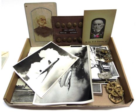 MILITARIA - ASSORTED  comprising aviation photographs and promotional cards; army cap badges and brass buttons; and other ite