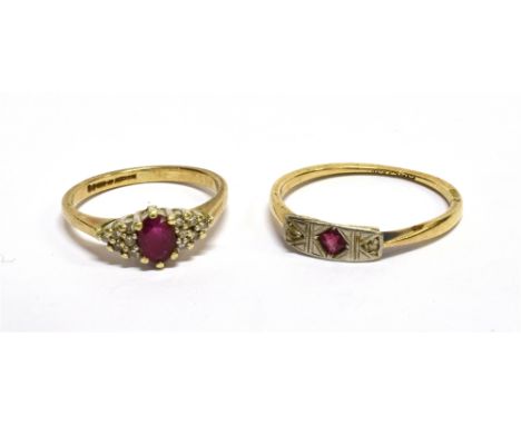 TWO GOLD, RUBY AND DIAMOND RINGS Comprising; an Art Deco small ruby and diamond two (of three) stone ring, indistinctly stamp