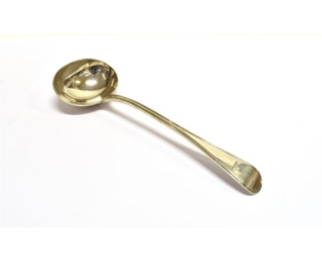 A SILVER REEDED OLD ENGLISH PATTERN SMALL SOUP LADLE engraved with a crest, mark of Carrington &amp; Co, London 1906, 17.5cm 