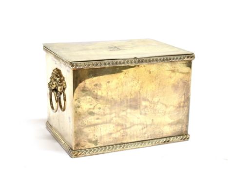 A PLATED RECTANGULAR TEA CADDYwith a crested hinged cover, gadrooned borders and lion mask and ring handles, the inside of th