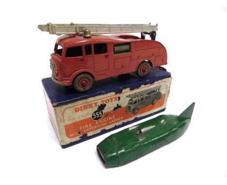 TWO DINKY DIECAST MODEL VEHICLES  comprising a No.555, Commer Fire Engine, red with matching grooved hubs, silver ladders, un