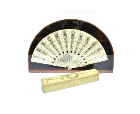 A BONE &amp; SEQUIN FAN  early 20th century, 42.5cm wide (extended), in a glazed display case; together with the original box