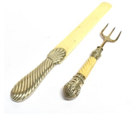 A VICTORIAN SILVER AND IVORY PAGE TURNER, AND A VICTORIAN SILVER AND IVORY MOUNTED BREAD FORK the page turner with a silver w