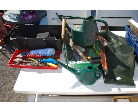 A box of assorted tools and nails, garden shears, waders size 9/10, etc.