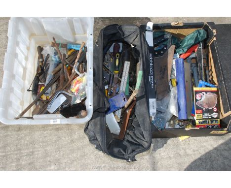 A plastic container, wooden box and a carrier of assorted tools.