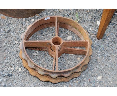 Two cast iron Cambridge roller wheels 19" diameter.