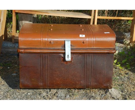 A metal trunk, 28" wide x 18" deep x 19" high.