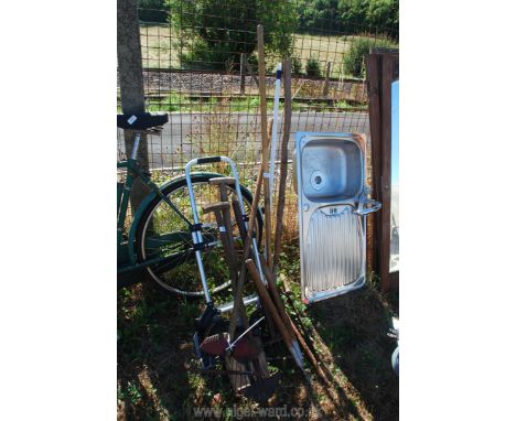 A quantity of old garden tools and folding sack truck. 