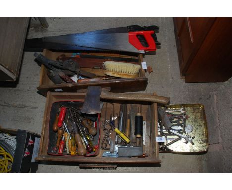 Two wooden trays of assorted tools, blow lamps, wood saws etc.