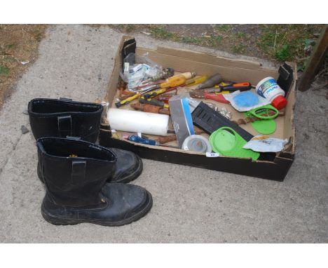 A pair of UK size 10 Site black work boots in box, with mixed tools, etc. 