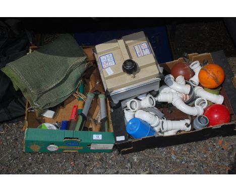 Two boxes containing plastic plumbing garden tools, etc. 
