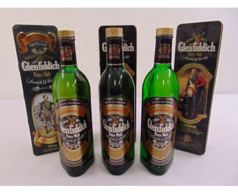 Glenfiddich 12 year old single malt Scotch whisky in fitted metal packaging, three 75cl bottles